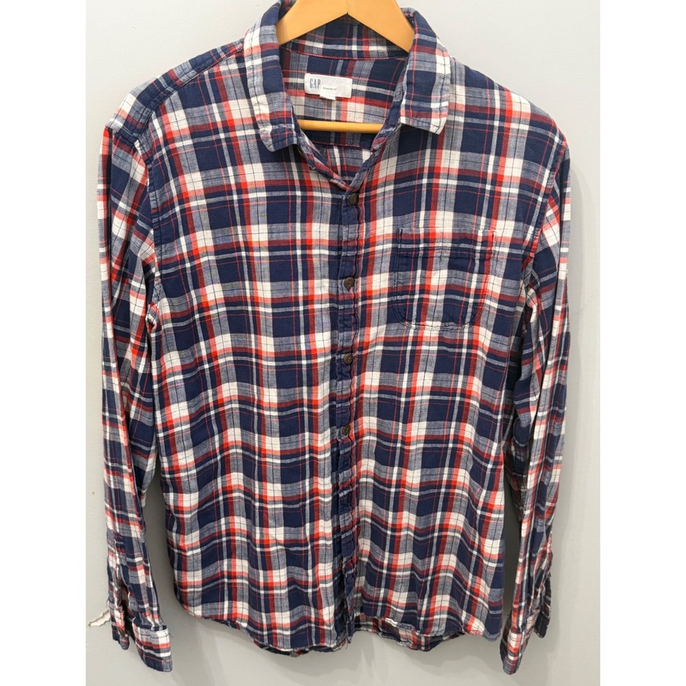 GAP Standard Fit Men's Large Plaid Flannel Shirt Navy Blue Red White